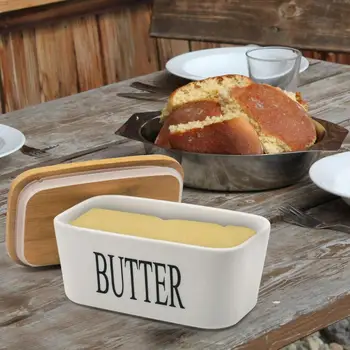 

Ceramic Butter Dish Nordic Style Butter Box Butter Keeper Container Food Storage Candy Box Baking Dish with Wood Lid & Knife