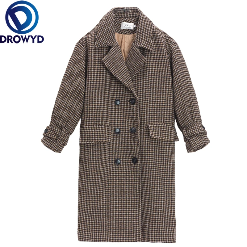 Зимние женские шерстяные пальто с рисунком гусиные лапки модные коричневые