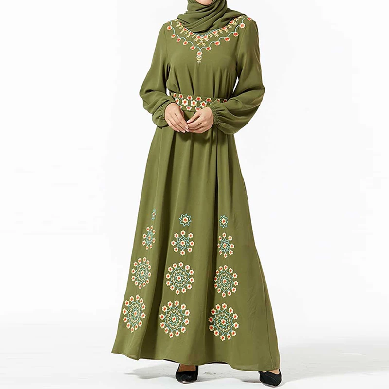 army green dress Robe Hijab Arabic Omani Pakistani Islamic Women Dress Kaftan Dubai Baju Muslim Wanita Caftan Marocain Qatar Moroccan Dresses - Цвет: army green dress