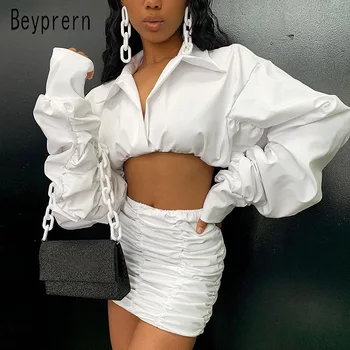 

Beyprern Elegant White Ruched Puff Sleeve Blouse Top And Skirt Set High Street Pleated Matching Set Party Tracksuit 2 Pieces