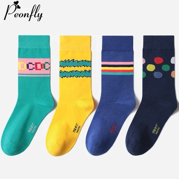 

PEONFLY New 2020 Spring Socks Men Casual Colorful Striped Dot Printed Calcetines Harajuku Hip Hop Cotton Calcetines Hombre