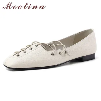 

Meotina Sheepskin Ballet Flats Women Shoes Natural Genuine Leather Flat Loafers Shoes Fashion Square Toe Shoes Ladies Size 34-40