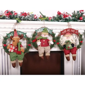 

Christmas Rattan Wreath with Cute Plush Dolls Holiday Front Door Ornaments for Home Decoration Gift 42cm*33cm