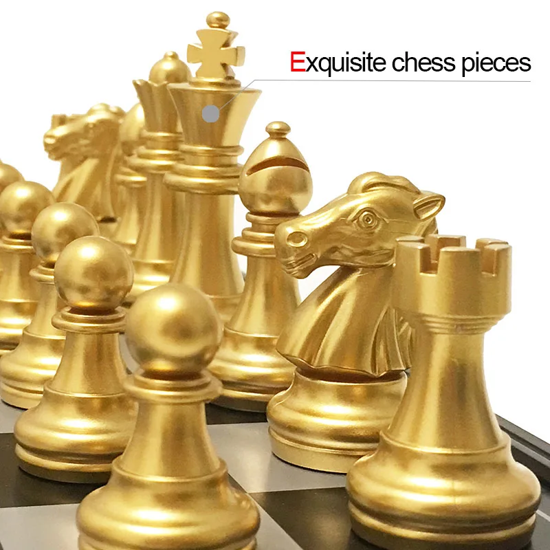 Wooden Chess Table Game with Silver Golden Chess Pieces Plastic Travel Set 25/32/36 CM Folding Chessboard Children Gift