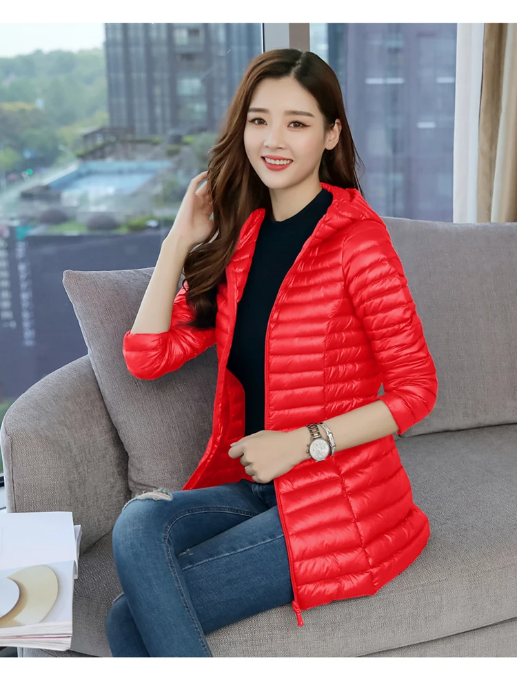 Winter Long Sleeve Thin Mid-length Slim Fit White Duck down Jacket Fashion Elegant Korean-style Cotton Overcoat