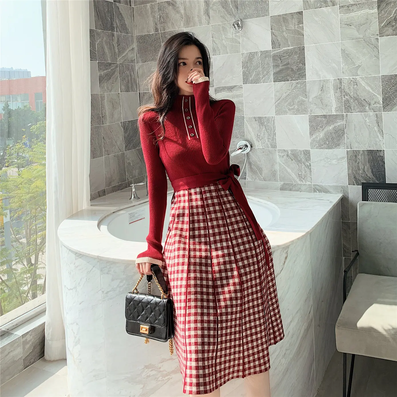 

Women Dress Autumn Spring Plaid Dresses Slim Party Dress Casual Shirt Dresses Vestido Womens Clothing 2#15/10D50