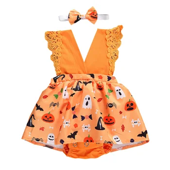 

0-18M Newborn Baby Girl Halloween Dress Ruffled V-neck Cartoon Print Prom Party Princess Dress + Bow Headband