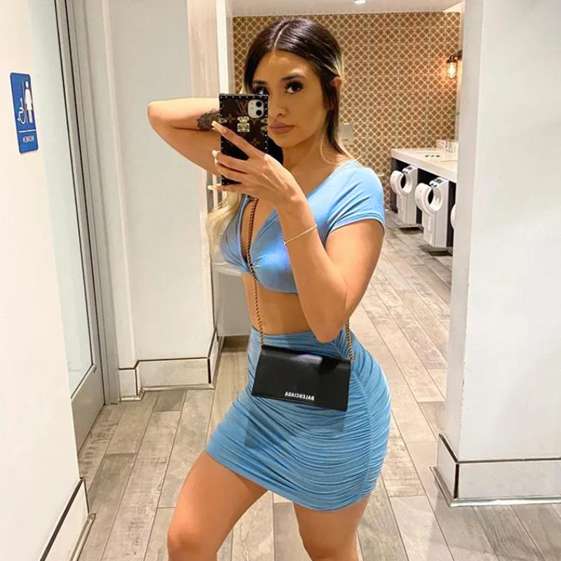 Solid Color V Neck Short Sleeve Two Piece Set Women Sexy Crop Top And Mini Skirt Women Summer Fashion 2 Piece Set Women