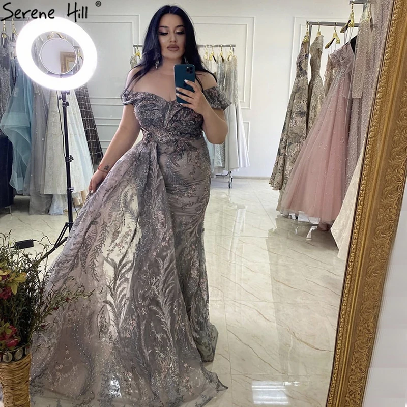 Dubai Grey Mermaid Sleeveless Sexy Evening Dresses 2021 V Neck Crystal Luxury Evening Gowns 2021 Serene Hill LA70557