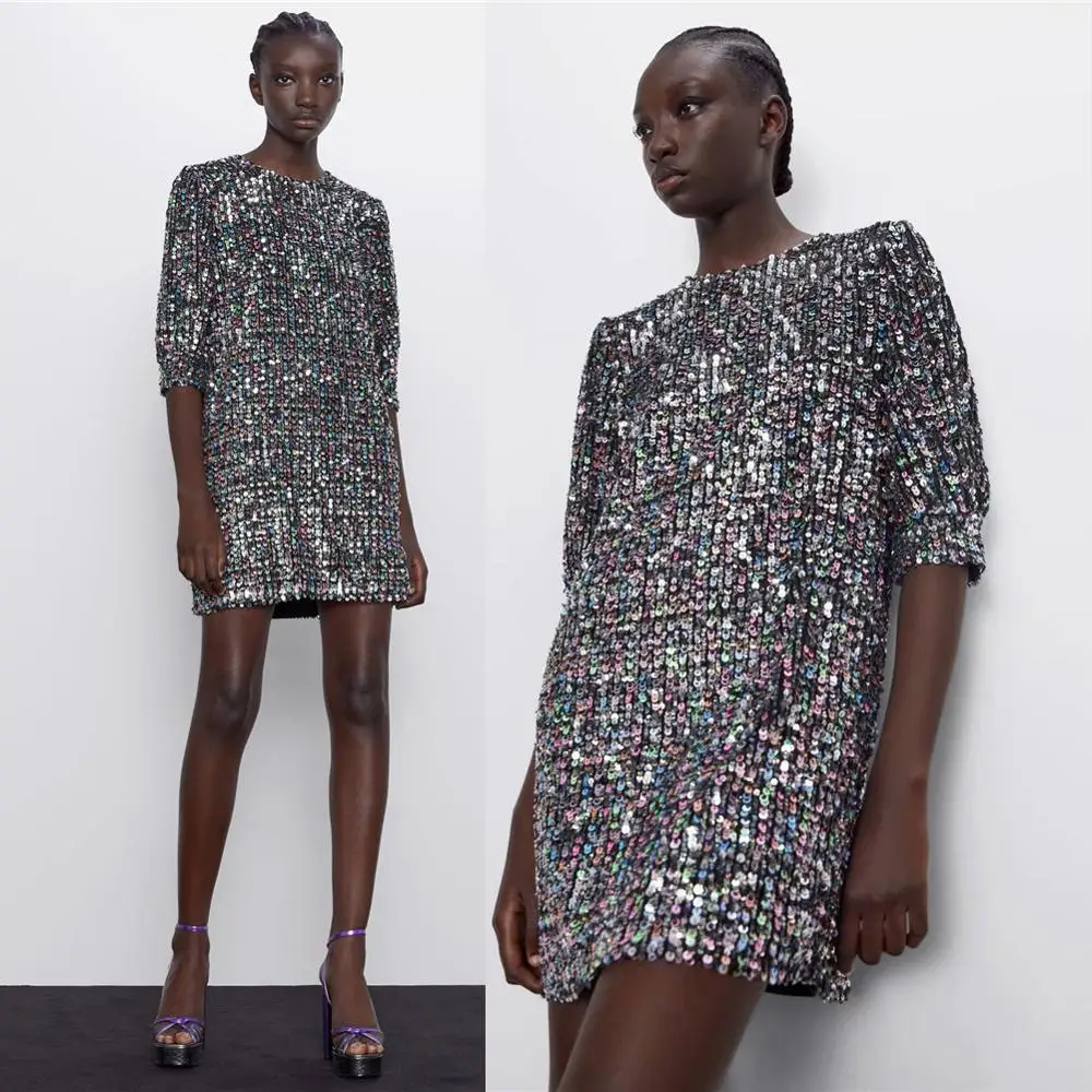 

New Womens Sequined Velvet Dress Long Sleeve Female Blingbling Sexy Mini Dress Vestidos High Waist Womens Bodycon Mini ZA Dress