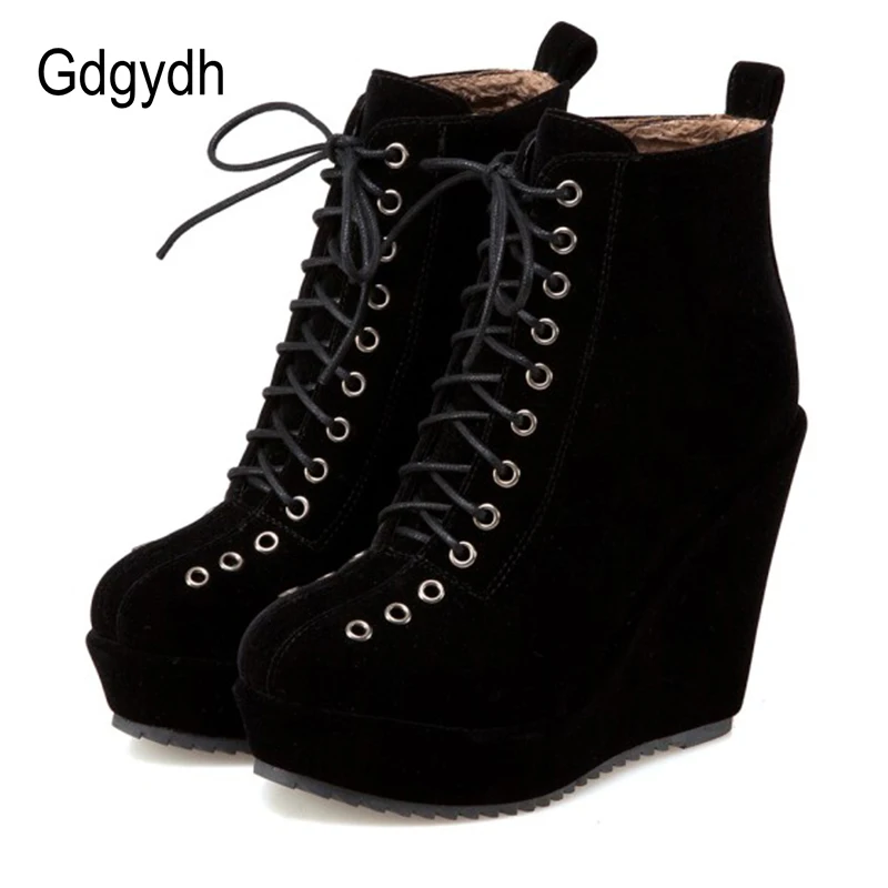 Platform ankle boots women winter suede wedge heels
