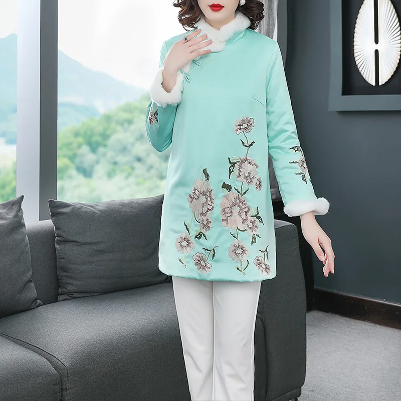 

2019 Autumn And Winter New Style WOMEN'S Dress Chinese-style Retro Cheongsam Industrial Embroidery Flower Large Size Chinese Cos