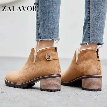

ZALAVOR Ankle Boots For Women Solid Color Round Toe High Heels Shoes Winter Warm With Fur Daily Ladies Footwear Size 31-44