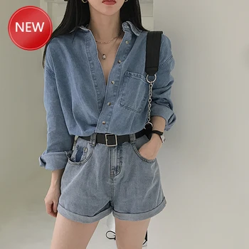 

Long Sleeve tops Women Casual jean Shirt fashion Plain Blouse Spring Autumn