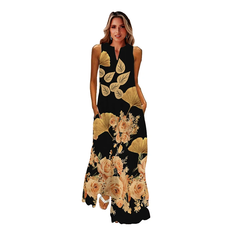 WAYOFLOVE 2022  Sleeveless Black Dress Summer Beach Casual Elegant Breathable Long Dresses Woman V Neck Rose Print Women's Dress 2