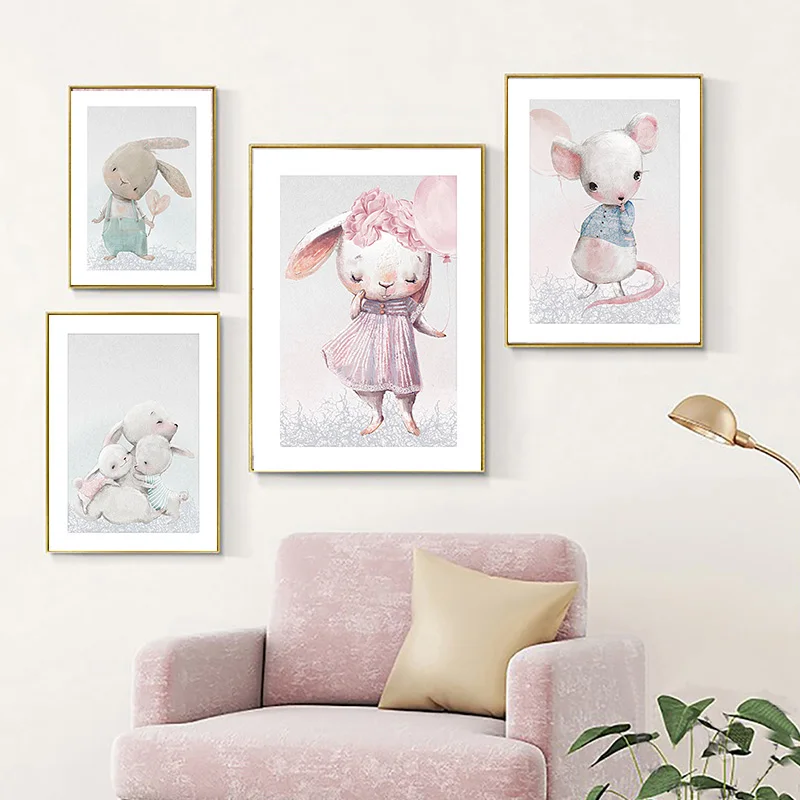 Kawaii Wall Art Canvas Nursery Poster Print Cartoon Cat Rabbit Painting Nordic Kids Decoration Picture Baby Living Room Decor | Дом и сад