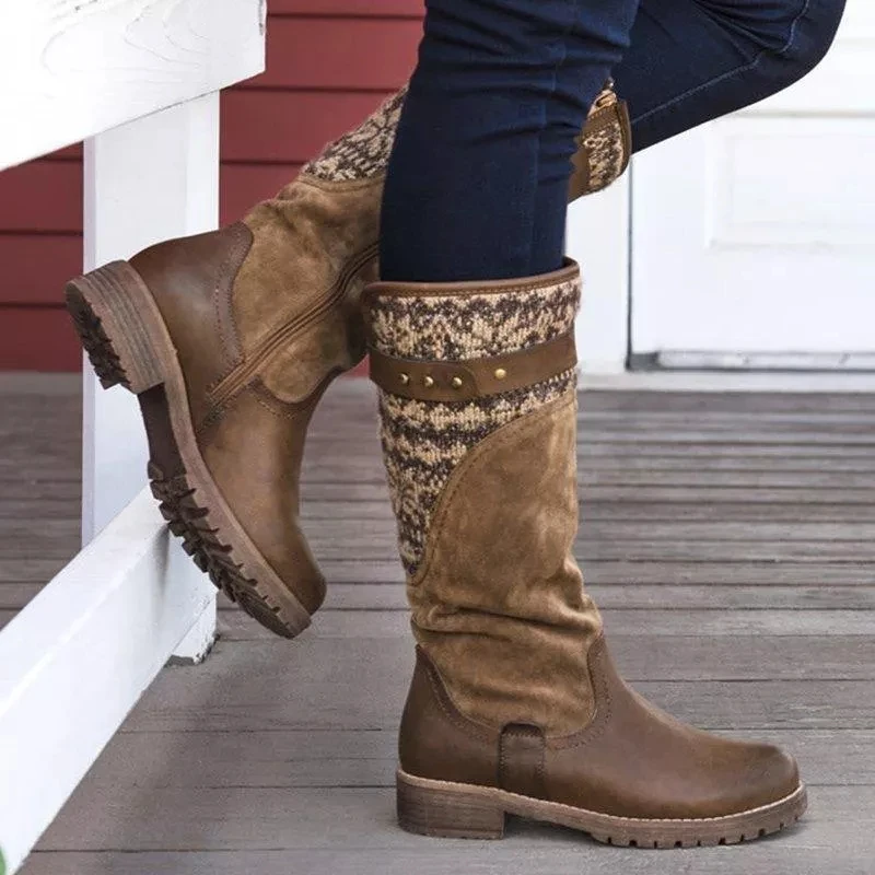 

High Boots Brown Women Vintage Square Heel Buckle Mid Carf Height Buckle Boot Keep Warm Round Toe Shoes British Style