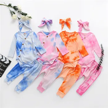 

Baby Girls Clothes Set 2020 Autumn Boys Girls Clothing Tie Dye Print Knitted Rompers Headband Pants 3PCS Cotton Outfits Sets