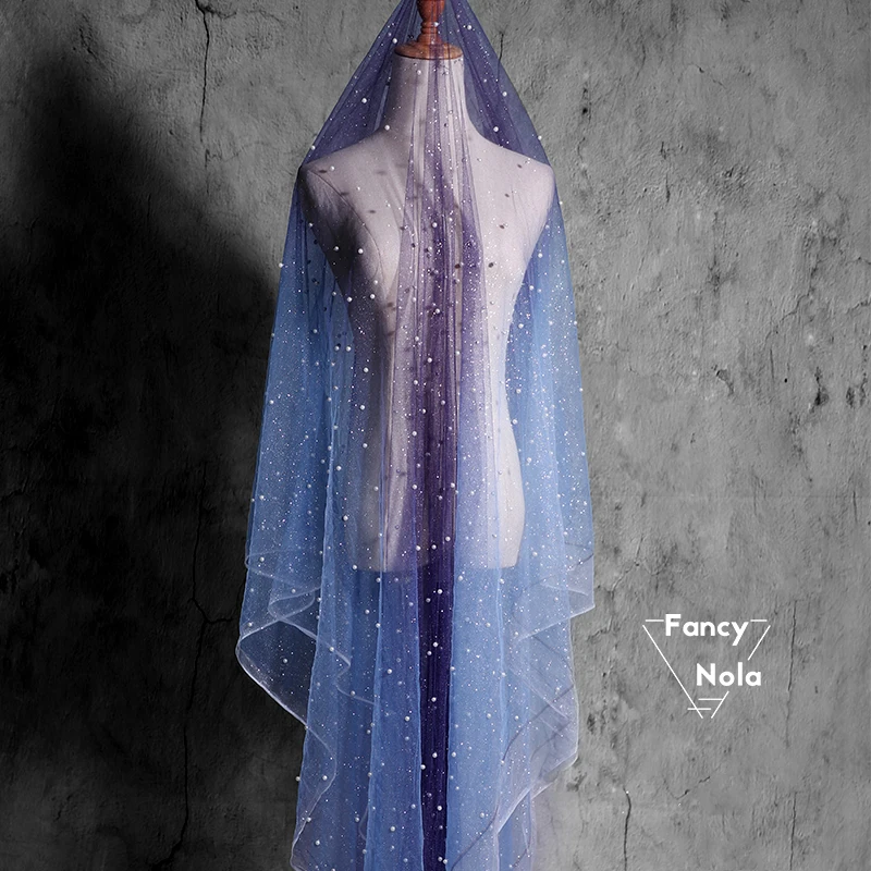 Fantasy Gradient Starry Blue Purple Gauze Dusting Perspectival Nail Beaded Tulle dress gown DIY designer fabric FG006