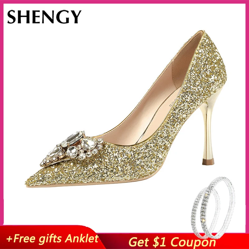 

2020 Sexy Pointed Toe Shallow Mouth High Heels Rhinestone Nightclub Thin Heels Women's Shoes Banquet Wedding Bling Shoes