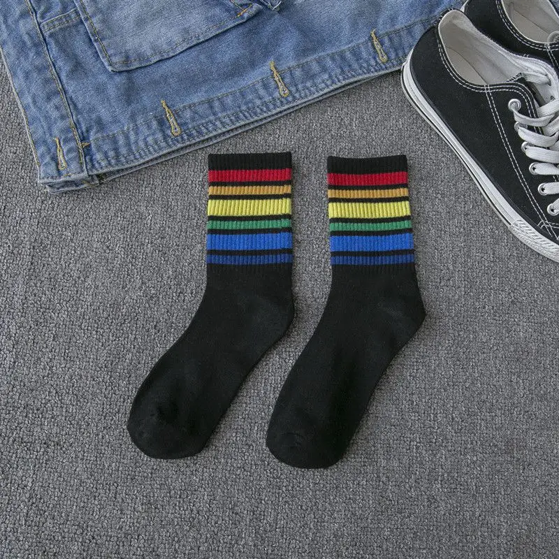 Корейские модные хлопковые носки с Разноцветными полосками и радугой в стиле Харадзюку, ретро-носки