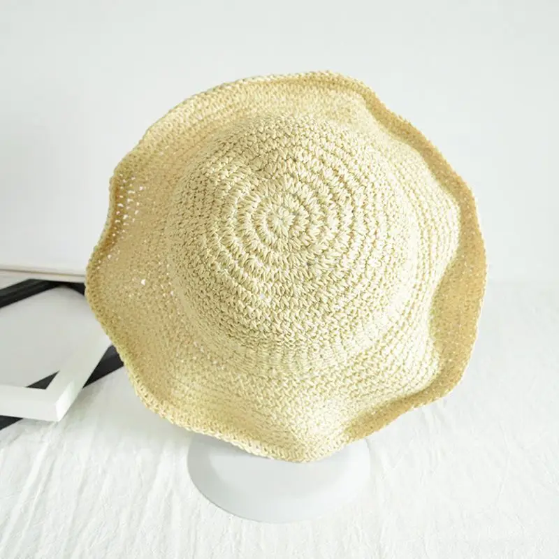 Женская летняя плетеная Соломенная пляжная шляпа от солнца с широкими большими волнистыми полями, одноцветная упаковываемая Кепка для отдыха на открытом воздухе