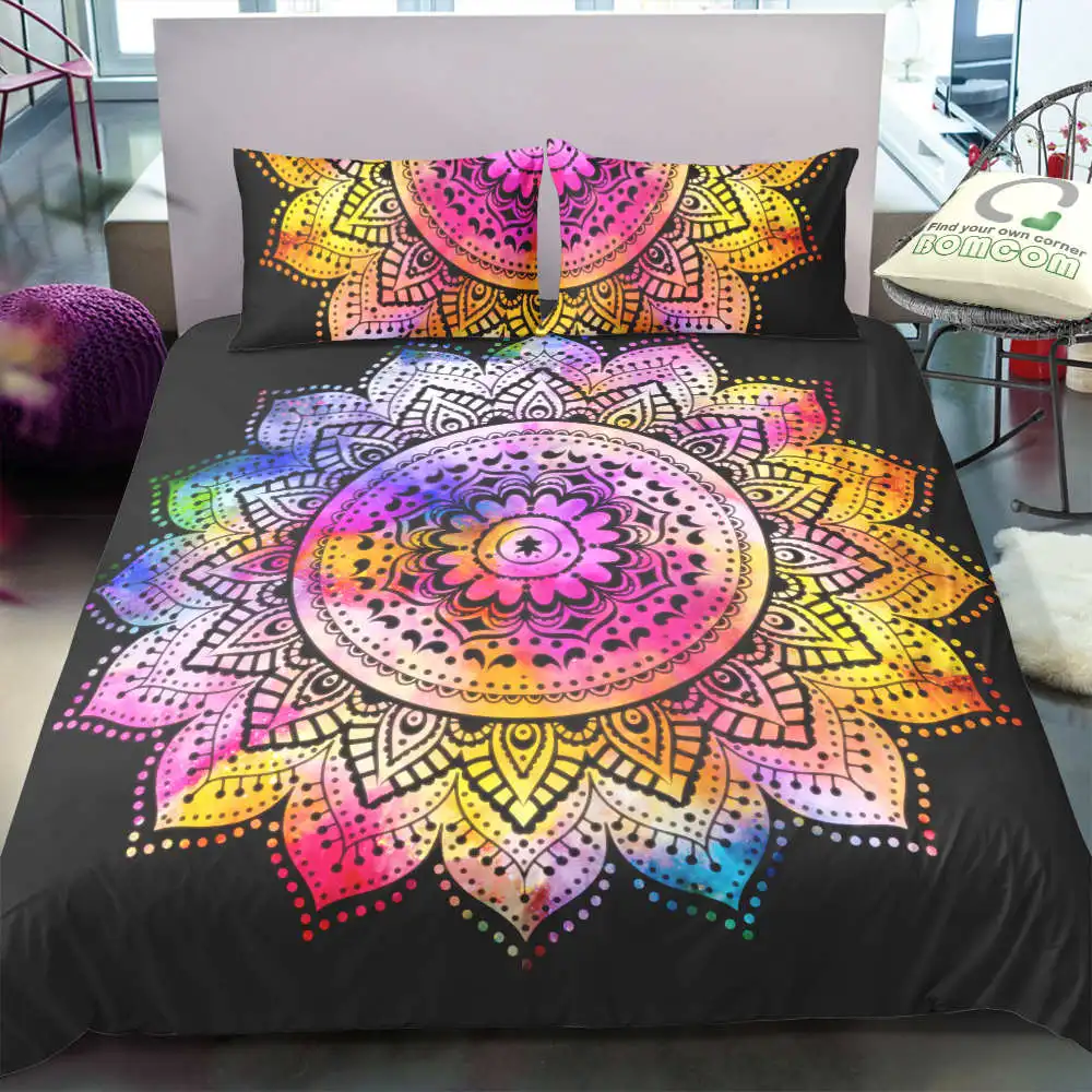 

3D Bohemian style bedding sets black bottoming colorful sun flower mandala meaning 2/3 pcs for boys and girls