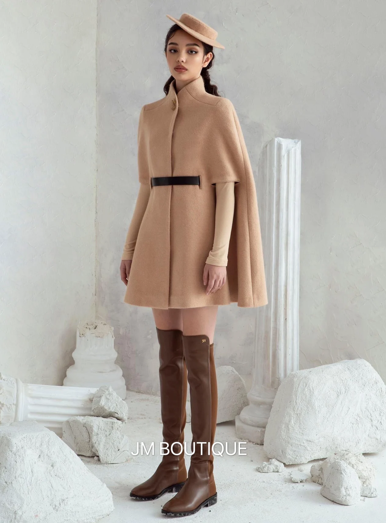 Winter cashmere wool Camel color slim looking fancy cape unique winter outwear