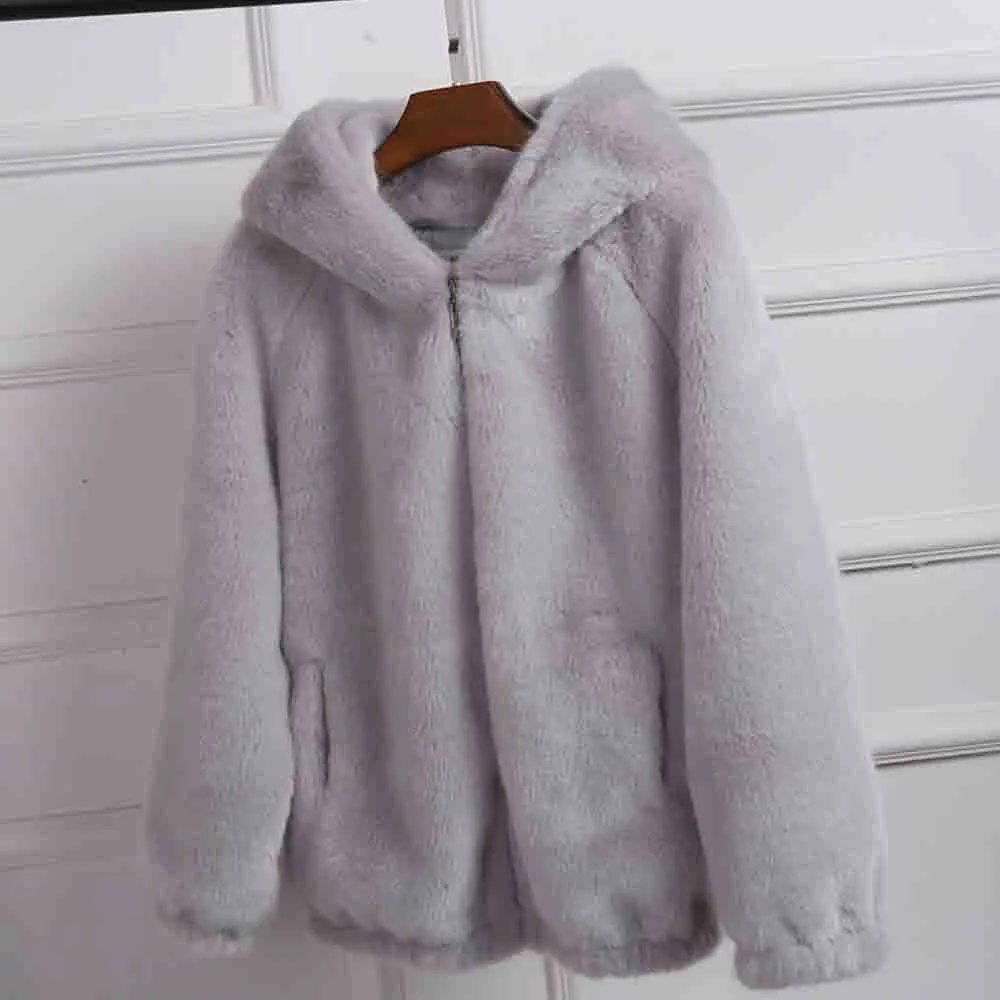 Модное пальто из искусственного меха, женская зимняя куртка, Толстая теплая уличная одежда, однотонное Женское пальто с капюшоном, повседневное, на молнии, d91106