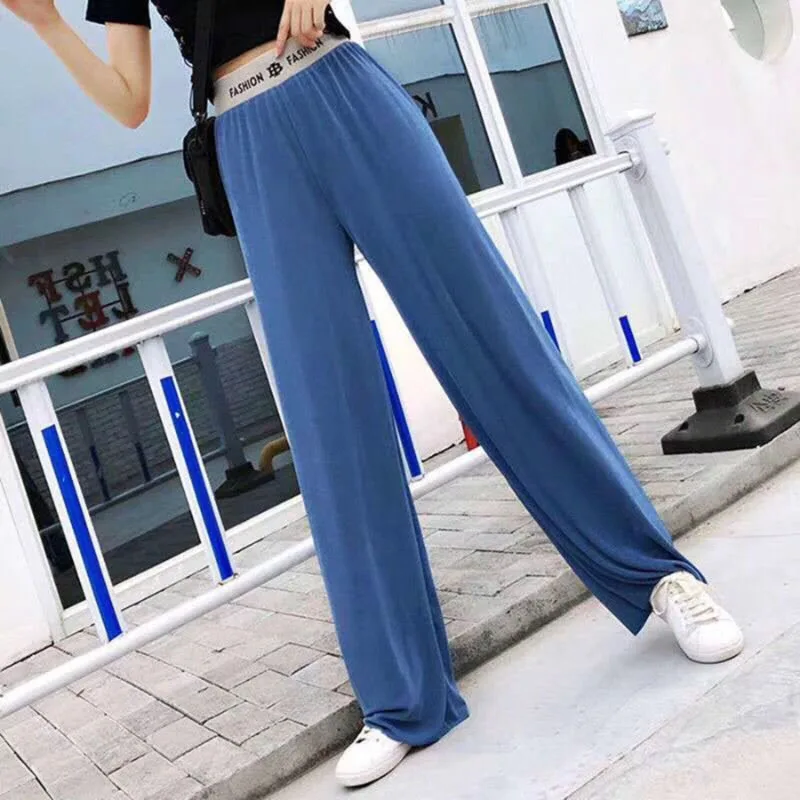 

2020 New Women Loose Straight Wide-Leg Ice-Silk Pants Plus Size Fashion Female Casual Elastic High Waist Trousers