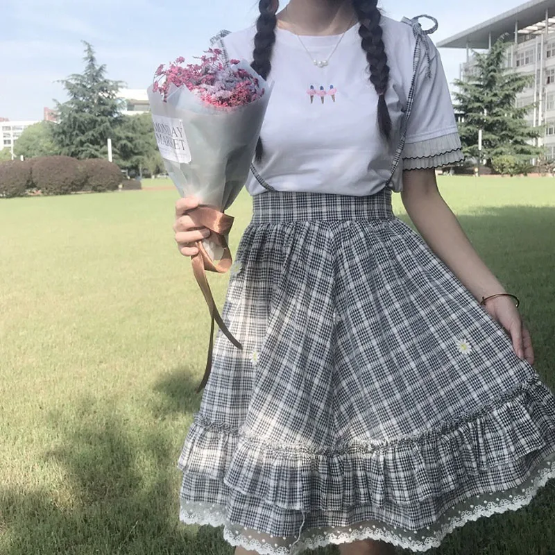 

2020 New Japanese Summer Women Plaid High Waist Skirt With Strap Dress Cute Sweet Kawaii 2 Pcs Dress O Collar Plaid Daisy Dress