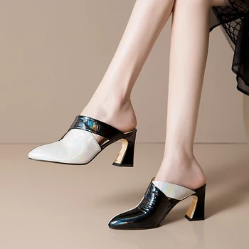 

Genuine leather High Heels women slippers poined toe Party Wedding Shoes Woman summer women shoes large size 34-42