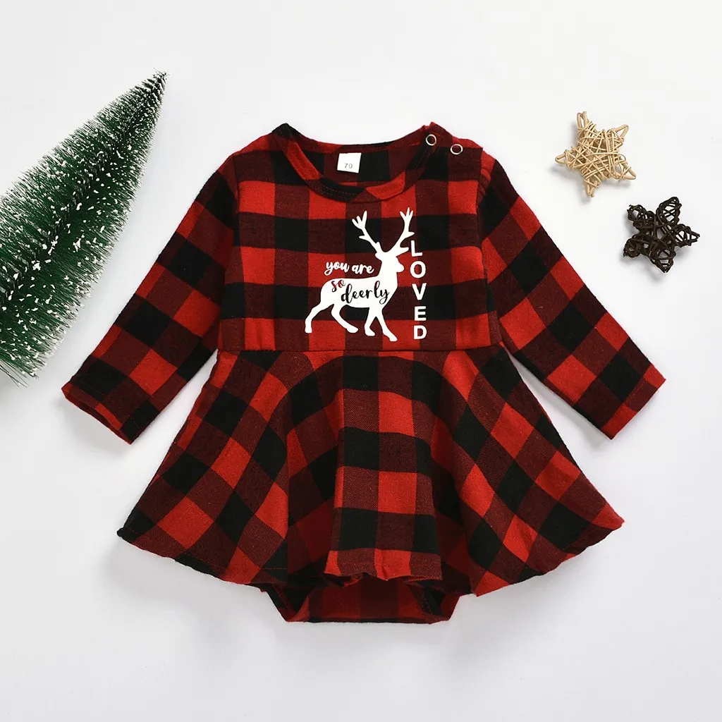 

New Baby christmas dress Hidden Romper Baby Kids Girls Red Checked Christmas Fawn Print Full Sleeves Rompers Children's gifts Y4