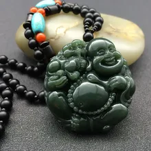 Натуральный Темный зеленый Подвеска с нефритом пузатый Будда подвеска maitreya Цепочки и ожерелья Для мужчин ювелирные украшения Jade ювелирные изделия верёвочкой в подарок