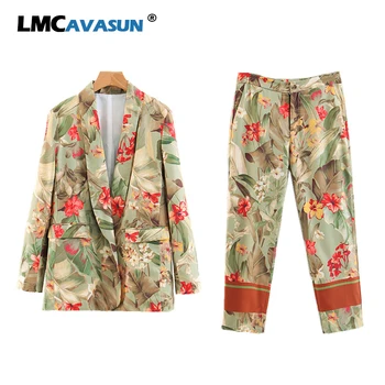 

LMC 2020 New Spring Green Leaves Red Flower Print Blazer High Waist Small Straight Pants Women Long Sleeve Suits 2 Pieces Set