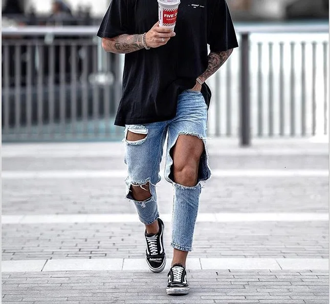 

Trendy Streetwear Distressed Big Hole Jeans For Men Ripped Skinny Denim Pencil Pants Man Hollow Out Ninth Jeans Calca Masculina