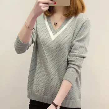 

Women Patchwork V Neck Knitted Sweater Ladies Loose Knitwear Autumn Winter Female Pullover Sweaters