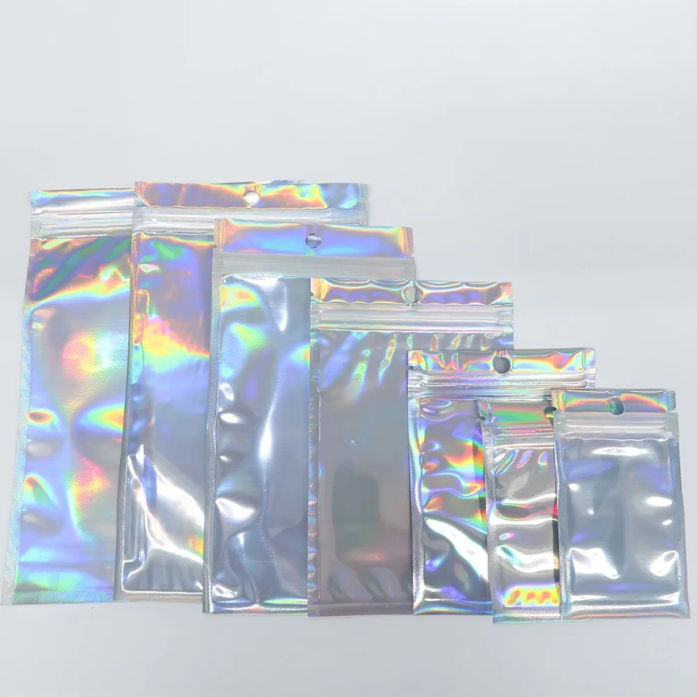 100pcs Holographic Rainbow Laser Foil Heat Seal Zip Lock Pouch Bags Beauty qui 