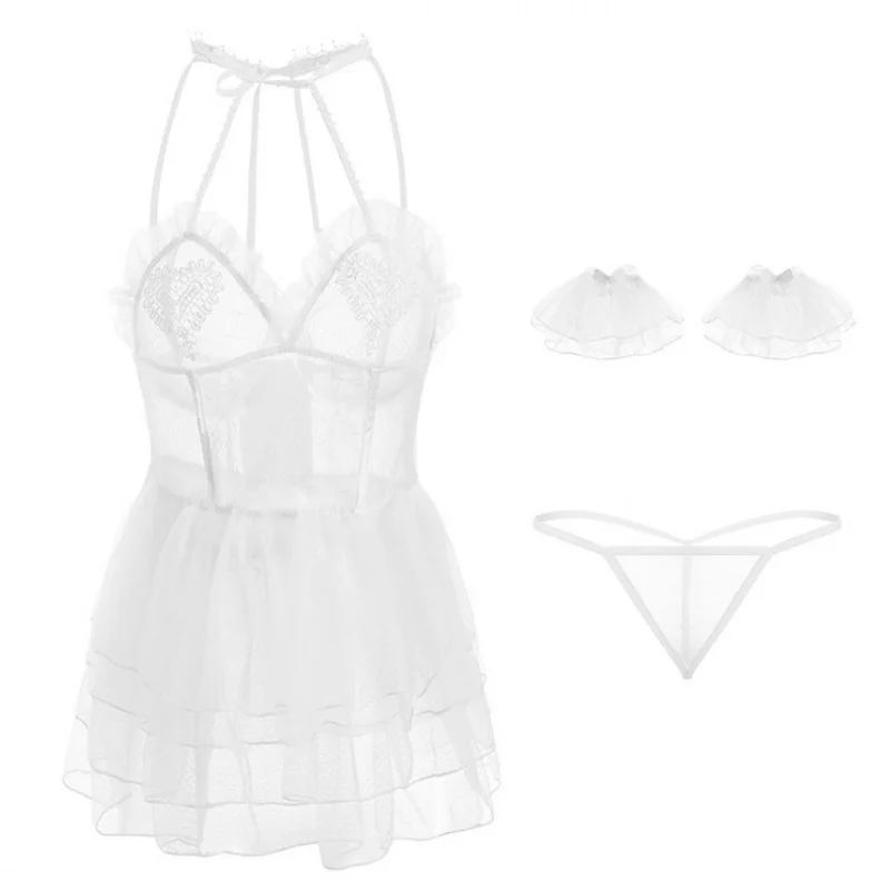 Сексуальная кружевная перспектива Спагетти ремень ночная рубашка женская белая свадебная балетная милая Лолита Мини Ночная рубашка для женщин ночное белье