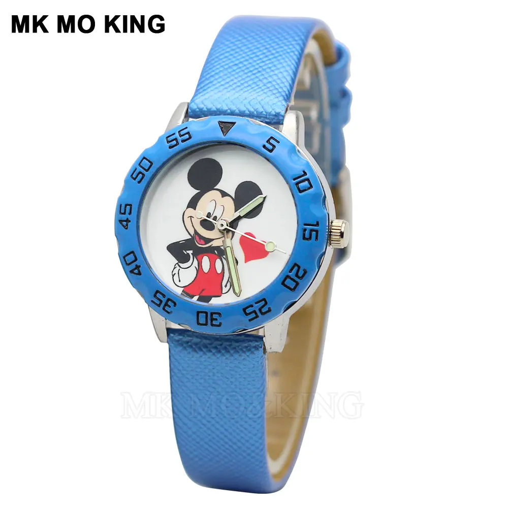 Детские часы модные Мультяшные детские для девочек и мальчиков детские Студенческие Кварцевые часы повседневные кожаные розовые маленькие часы с мышкой - Цвет: Небесно-голубой