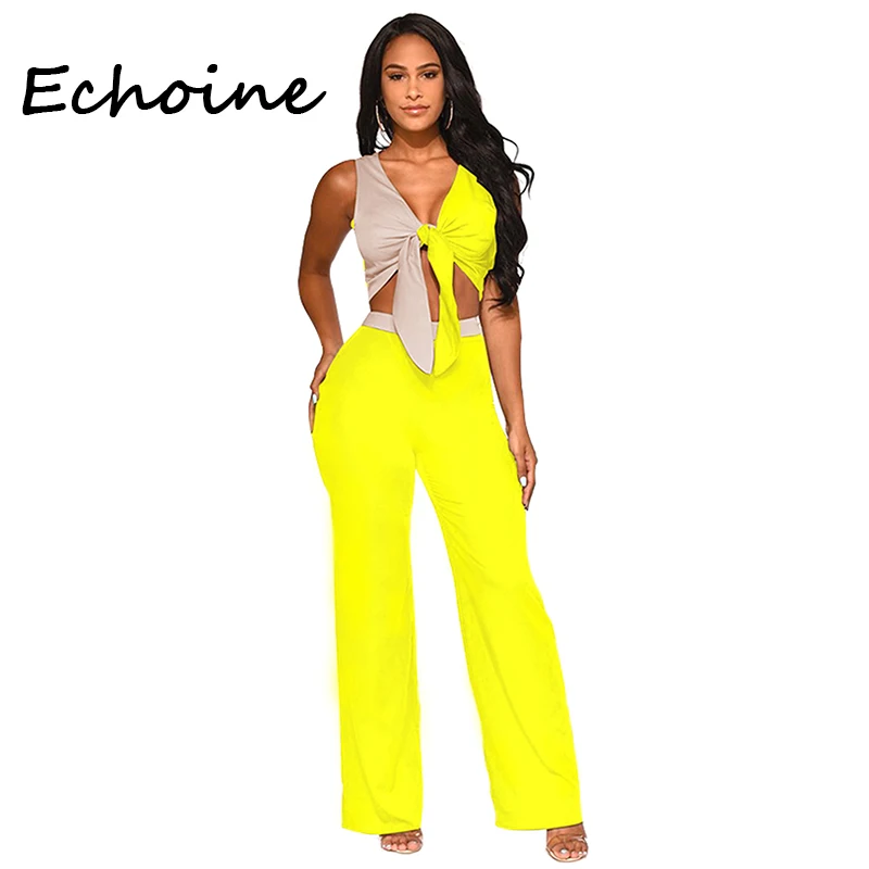 

Echoine Casual Two Pieces Set Color Patchwork Bandage Tops Long Wide Pants Club Outfits Women Clothes 2019 Autumn