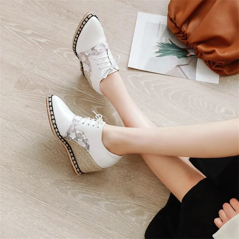2020 Spring Autumn New Straw Wedge Shoes Women Deep Mouth High Heels Mesh Lace Stitching Lace-Up Pointed Toe Pumps Women's Shoes (27)