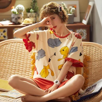

2pcs Summer Pajama Ladies 100% Cotton Home Clothes Cartoon Short Sleeve Shorts Femme Sleepwear Casual Thin Elegant Kawaii S859