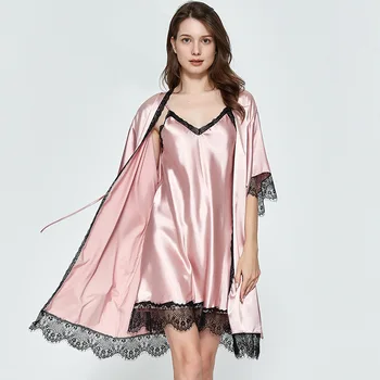 

Satin Wedding Robe Set Women Silky 2PCS Sleepwear Lace Patchwork Nighty&Robe Set Female Loose Kimono Gown Casual Home Wear