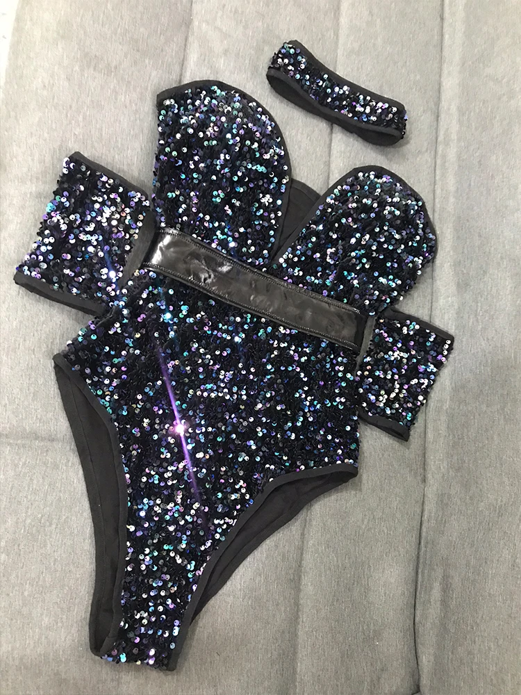 Sequins Bodysuit Bar Jazz Pole Dancing Costume For Female Rave Outfits Nightclub Dj Singer Dancer Stage Show Dancewear VDB3769
