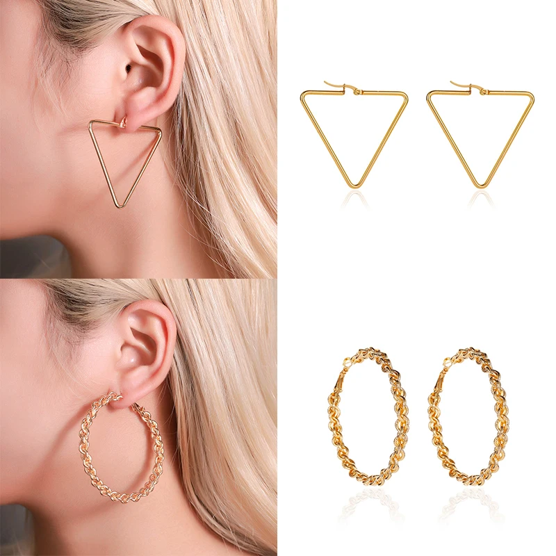 

Gold Color Hoop Huggies Earrings Small Large Circle Hoops Triangle Shape Statement Earrings Women Girls Unique Metal Jewelry