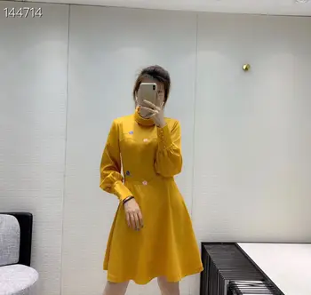 

Women Runway Dress 2020 High Quality Spring Summer O-Neck Long Sleeve Floral Embroidery Elegant Mini Yellow Hot Dresses
