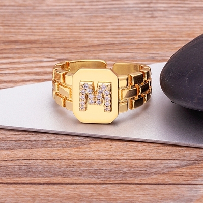 Arrival Fashion Gold Color Initial Ring Open Design Adjustable Hot Sale Watchband Chain A-Z Letters Zircon Rings For Women