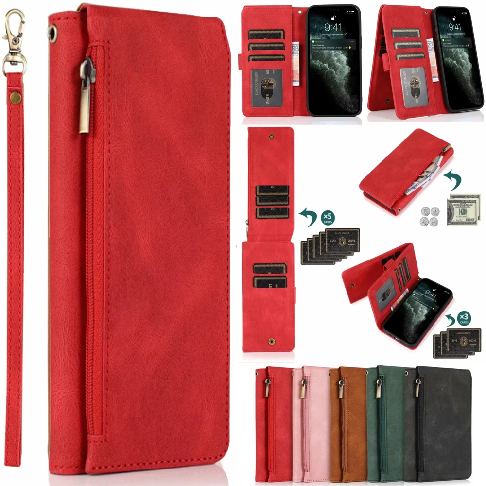 Ultra Thin Zipper Wallet with 8 Card Slots & Magnetic Flip Leather Case