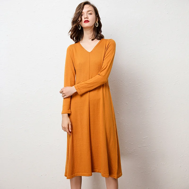 

Sparsil Women Wool Knitted Cashmere Dress Long Sleeve V Neck A Line Sweater Dresses Winter Autumn Solid Female Mid-Calf Dress